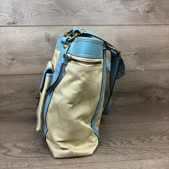 Coach Work Tote Bag K0893-F13103 Khaki Blue Leather Trim Turnlock Front Pocket - Picture 6 of 15